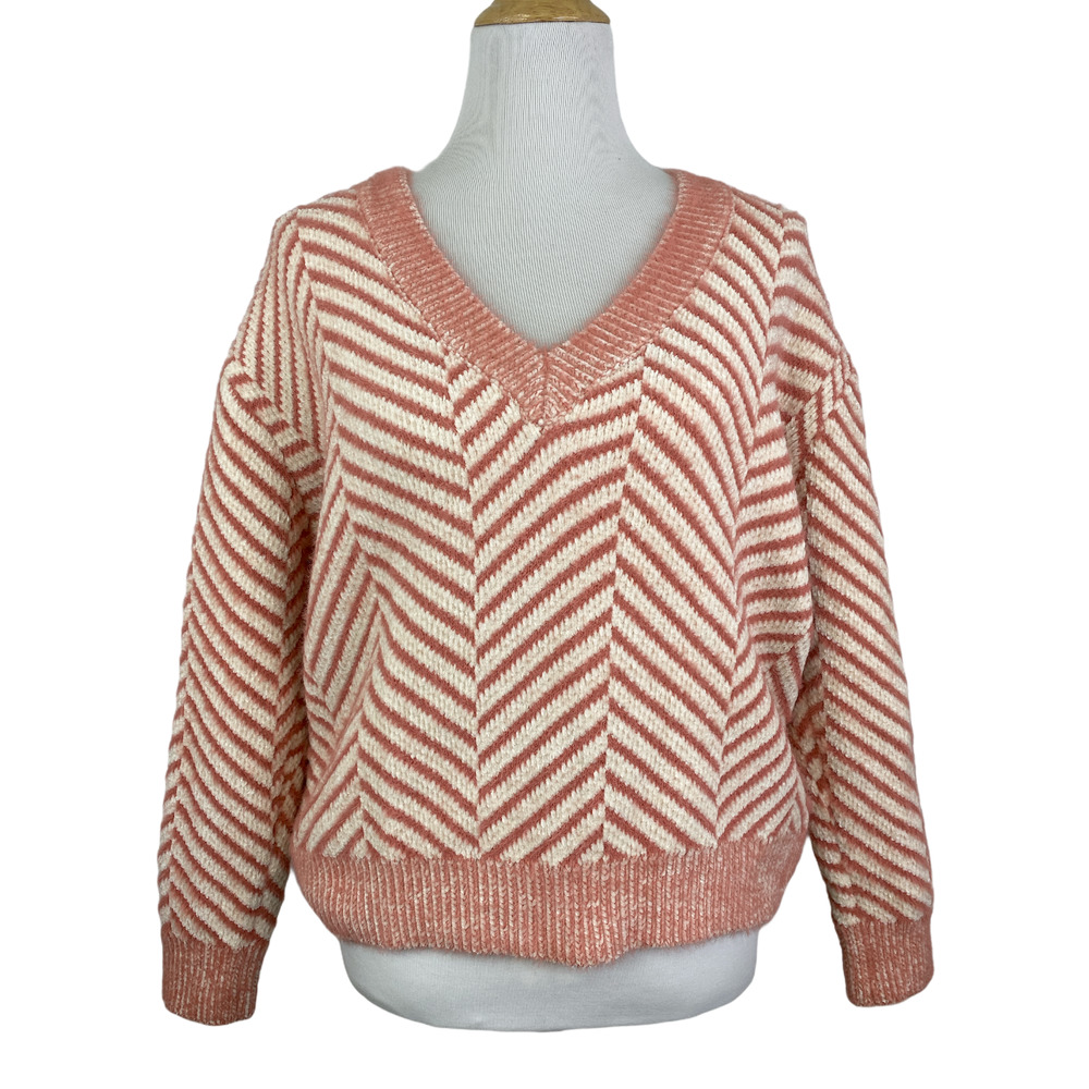 FRNCH Coral and Cream V-Neck Sweater